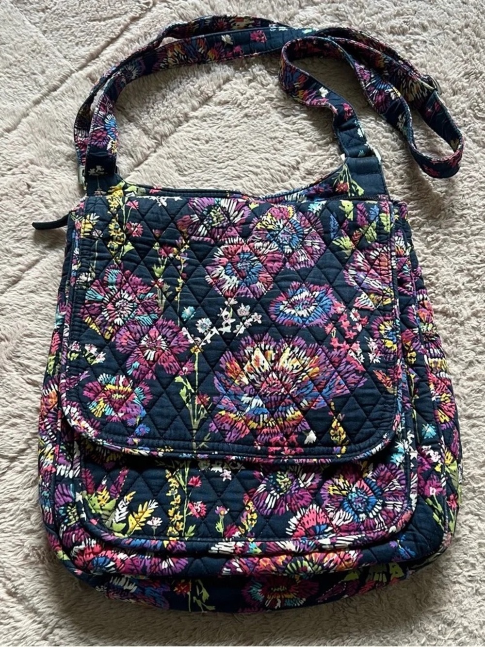 Quilted Floral Crossbody Bag in Navy with Multicolor Blooms